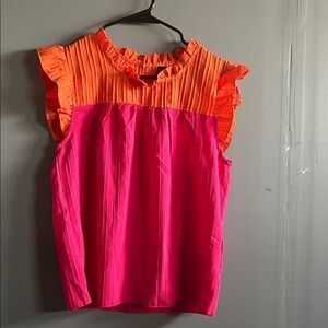 SHEIN Pink and Orange Ruffle Sleeve Colorblock Blouse